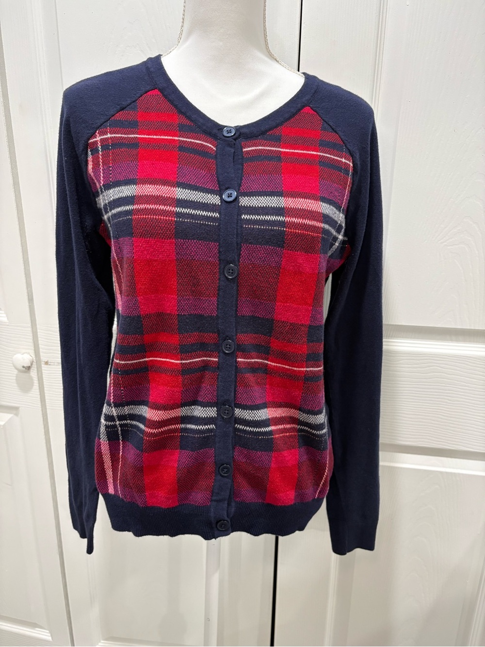 Merona Navy Cardigan with Red Plaid Front